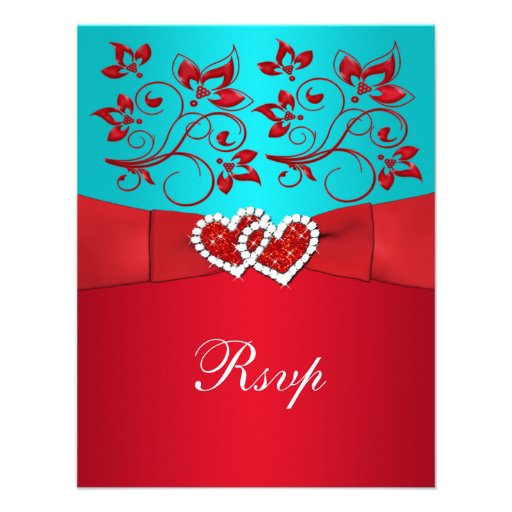 Turquoise, Red Floral, Hearts Wedding Reply Card