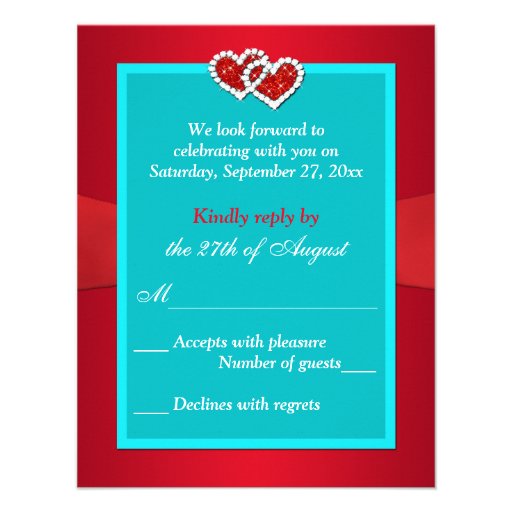 Turquoise, Red Floral, Hearts Wedding Reply Card