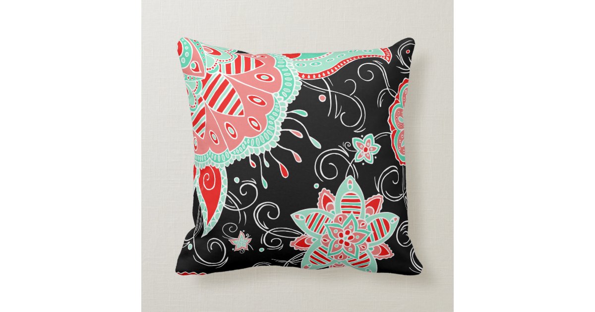 Turquoise & Red Floral Throw Pillow Zazzle