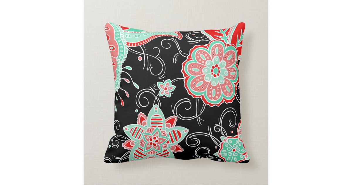 Turquoise & Red Floral Throw Pillow Zazzle