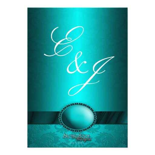 Turquoise Ribbon Damask Wedding Invitation
