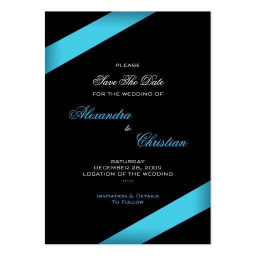 Turquoise Ribbon Wedding Save The Date MiniCard Business Card (back side)