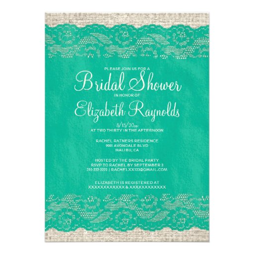 Turquoise Rustic Lace Bridal Shower Invitations