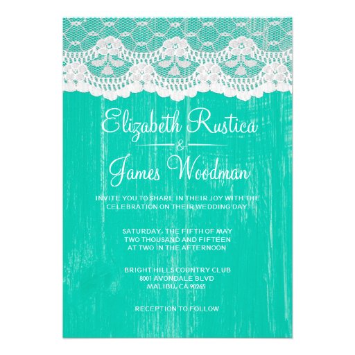 Turquoise Rustic Lace Wood Wedding Invitations