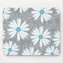 Turquoise Silver White Wild Daisy Floral Pattern Mouse Pad