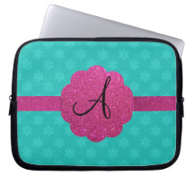 Turquoise snowflakes pink glitter monogram laptop computer sleeves