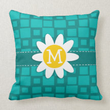 Turquoise Squares; Retro Square; Daisy Throw Pillow