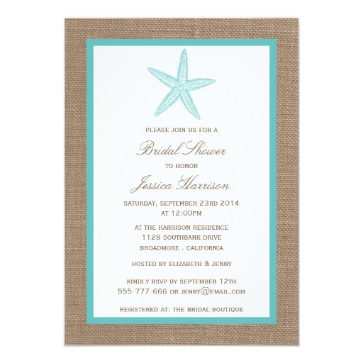 Turquoise Starfish Beach Burlap Bridal Shower Card