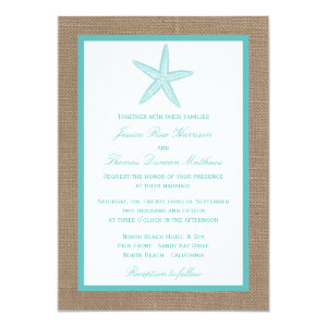 Turquoise Starfish Burlap Beach Wedding Collection 5x7 Paper Invitation Card