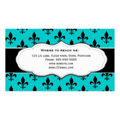 Turquoise / Teal Fleur de Lis business cards (back side)
