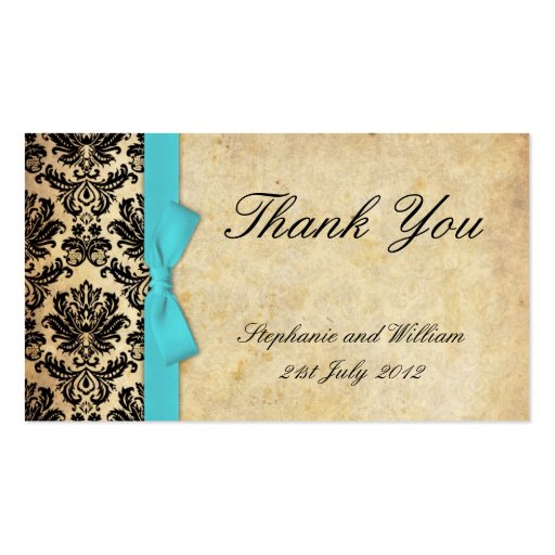 Turquoise Vintage Bow Damask Thank You Cards Business Card Templates (front side)