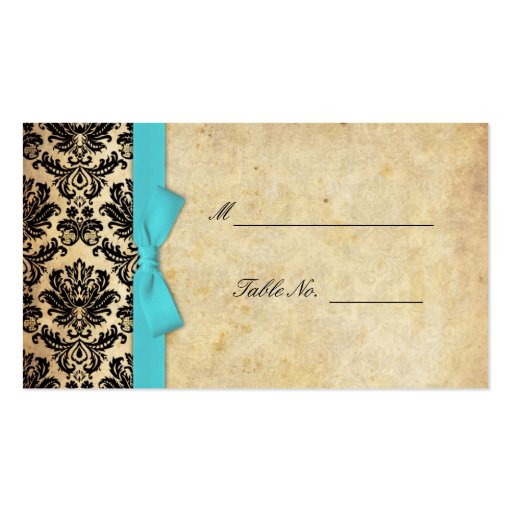 Turquoise Vintage Bow Damask Wedding Placecards Business Card Template (front side)