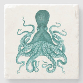 Turquoise Vintage Octopus Illustration Stone Coaster