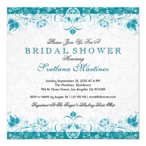 Turquoise & White Damask Bridal Shower Invitation