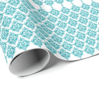 Turquoise & White Floral Damask Geometric Pattern Wrapping Paper