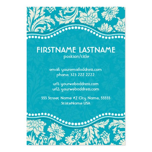 Turquoise & White Floral Damasks 2-Customized Business Card Templates (back side)