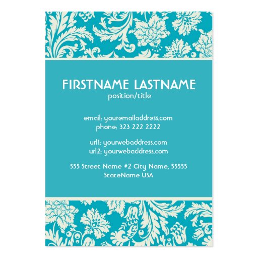 Turquoise & White Floral Damasks-Customized Business Card Templates (back side)