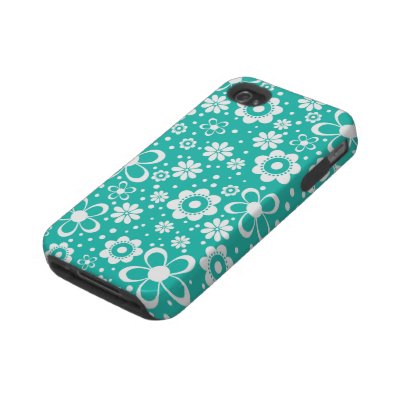 Turquoise White Floral iPhone 4 Case-Mate Tough