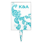 Turquoise White Floral Peacock Paisley Wedding Rectangular Cake Toppers