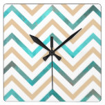 Turquoise White Tan Chevron Wall Clock