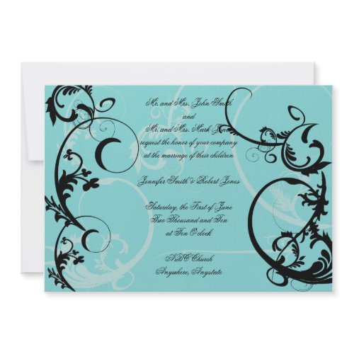 Turquoise with Black Swirl Flourish Embellishment invitation