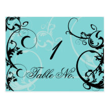 Turquoise with Black Swirl Flourish Table Number Post Card