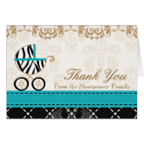 Turquoise Zebra Baby Carriage Shower Thank You cards