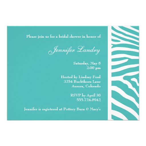 Turquoise Zebra Bridal Shower Invitation