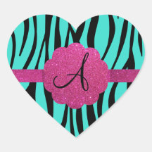 Turquoise zebra stripes monogram heart sticker