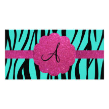 Turquoise zebra stripes monogram photo card