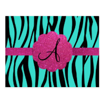 Turquoise zebra stripes monogram postcard
