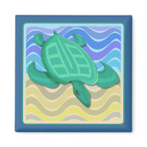 Turtle On Beach Square Magnets