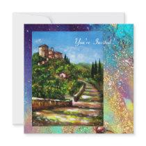 TUSCANY LANDSCAPE, blue green gold sparkles Invites