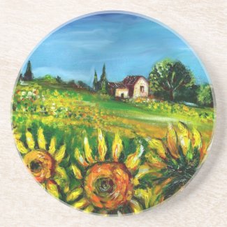 TUSCANY LANDSCAPES > SUNFLOWERS AND COUNTRYSIDE IN zazzle_coaster