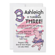 Tutu Piggy 3rd Birthday Custom Invitations