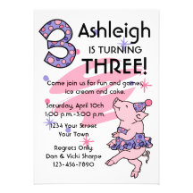 Tutu Piggy 3rd Birthday Custom Invitations