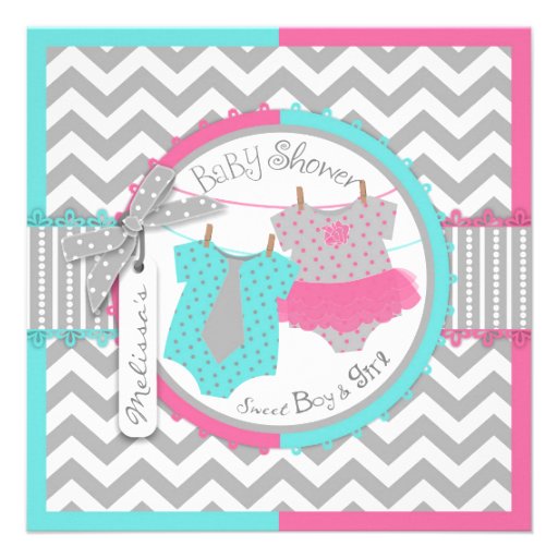 Tutu & Tie & Chevron Print Twin Baby Shower Announcement