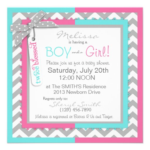Tutu & Tie & Chevron Print Twin Baby Shower Announcement