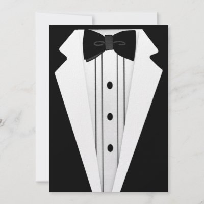 This Contemporary Invitation shows a Black Tuxedo with Black Bow Tie