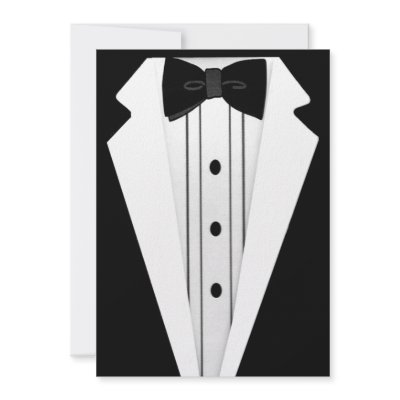 This Contemporary Invitation shows a Black Tuxedo with Black Bow Tie