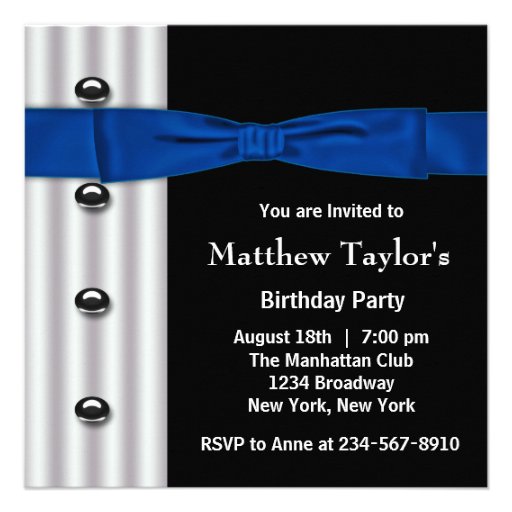 Tuxedo Bow Tie Mens Blue Black Birthday Party Invite (front side)