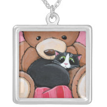 Tuxedo Cat & Big Teddy Bear | Cat Art Pendant