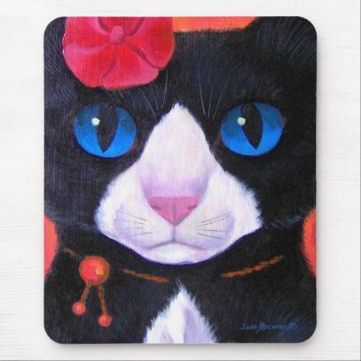 Tuxedo Cat Butterfly Painting - Multi Mouse Pad by JUDERM