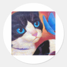 Tuxedo Cat Butterfly Painting - Multi Round Stickers