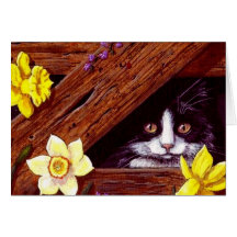 Tuxedo Cat Daffodils Art Creationarts Card
