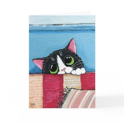 Tuxedo Cat Hiding | Cat Art Greeting Card by LisaMarieArt