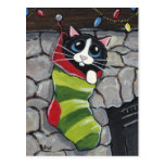 Tuxedo Cat in a Christmas Stocking Art Postcard
