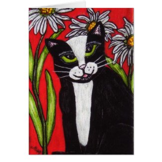 Tuxedo Cat in the Daisies Notecard