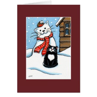 Tuxedo Cat, Robin & Snowman Christmas Card