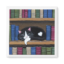 Tuxedo Cat Sleeping on Bookshelf Cat Art Magnet